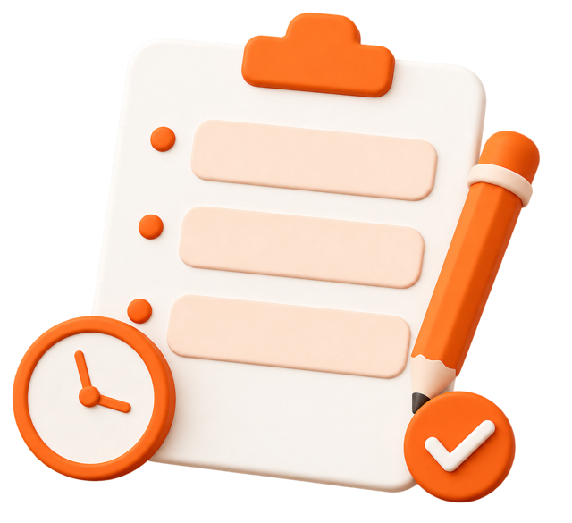 Short checklist with pencil and clock