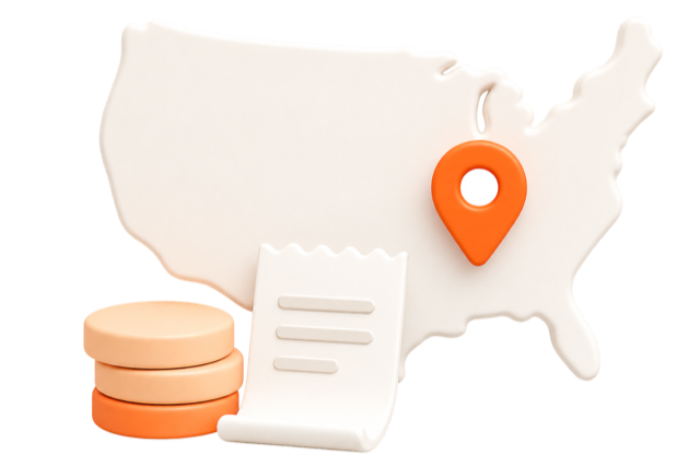 US map with location pin, coins, and a state fee receipt