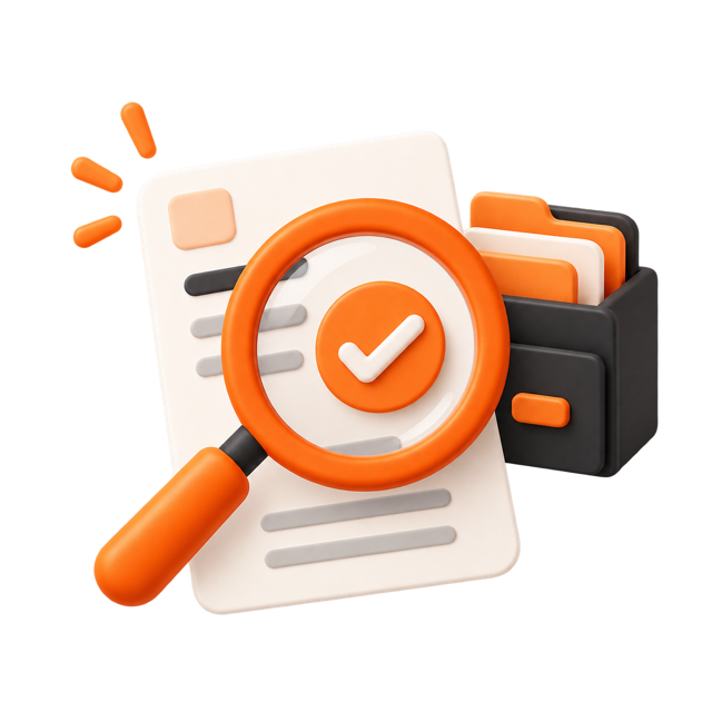 Magnifying glass checking a document against the registry